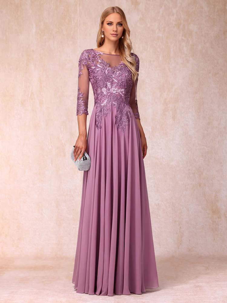 Mauve Chiffon A-Line Floor-Length Dress with Lace Applique Bodice and Illusion Sleeves