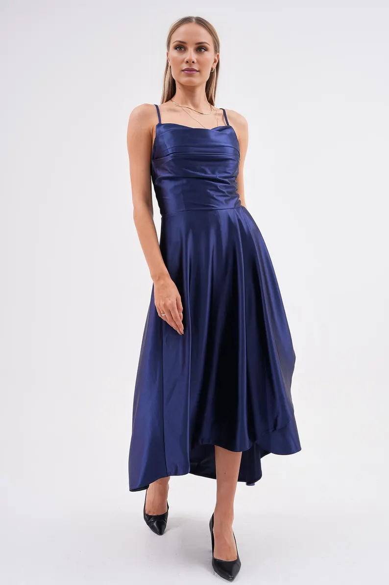 Navy Blue Satin A-Line Ankle-Length Cowl Neck Backless Dress