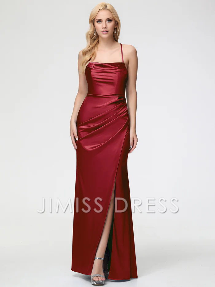 Vestido de fiesta de satén con chal sin mangas, tirantes finos y abertura tipo trompeta/sirena de Jimiss