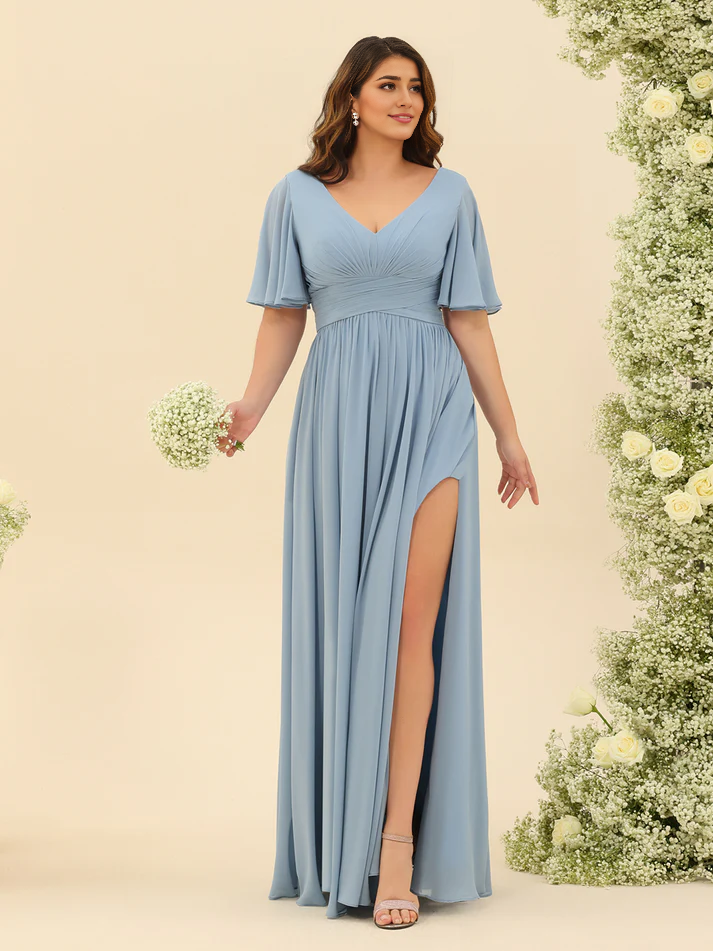 Chiffon Short-Sleeve V-Neck Ruched Bodice High-Slit A-Line Floor-Length Comfortable Bridesmaid Dress