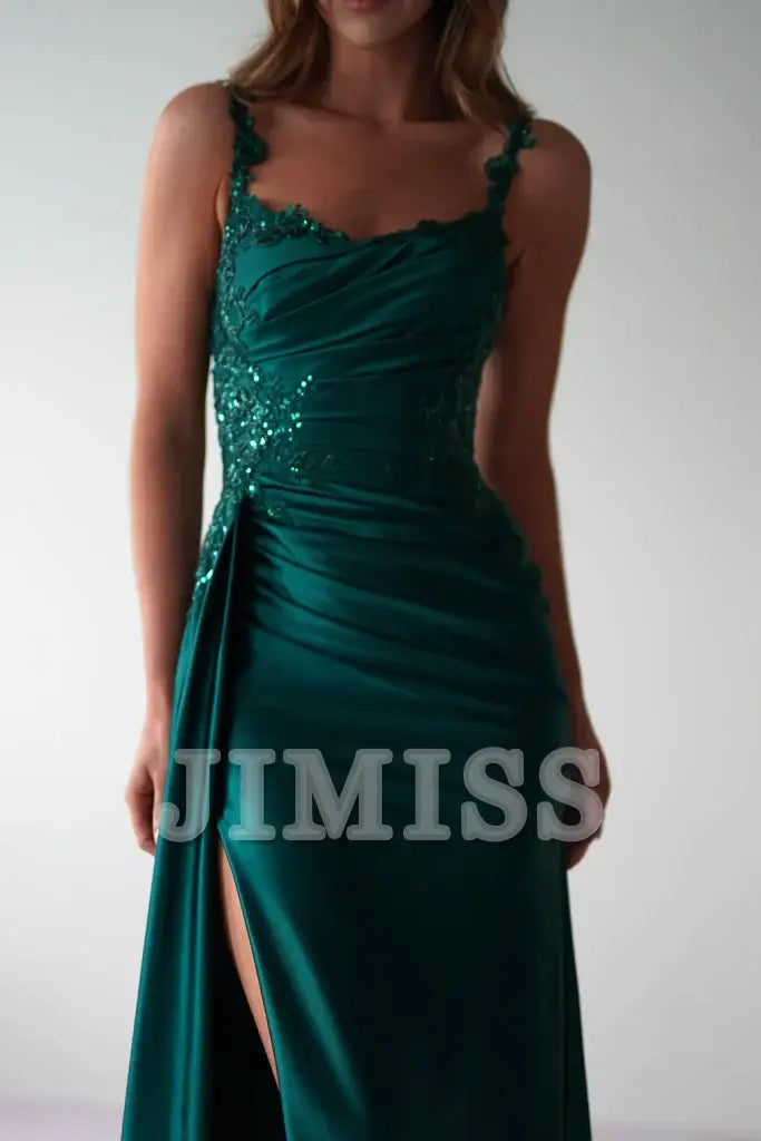 Emerald Satin Sweetheart Sheath/column Floor-Length Evening Dress with High Slit