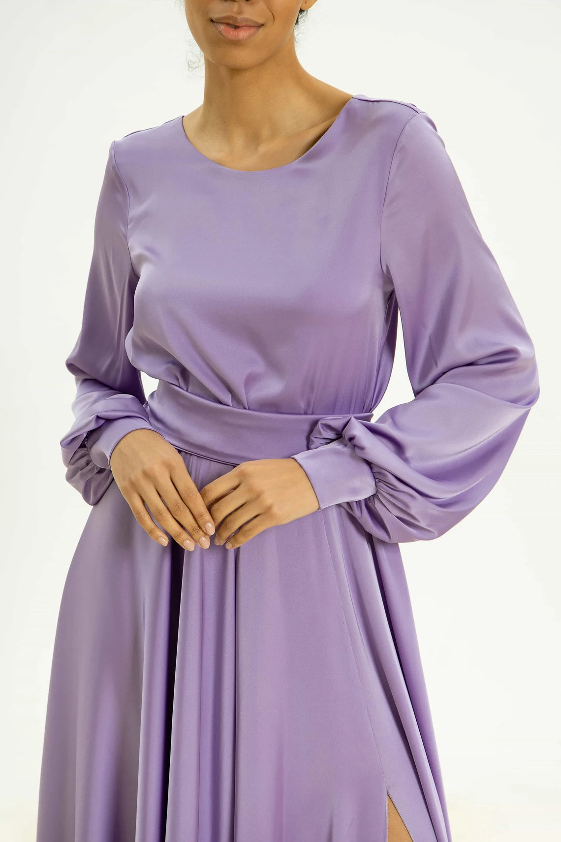 Jimiss - Vestido de fiesta de satén con cuello barco y manga larga hasta el suelo 