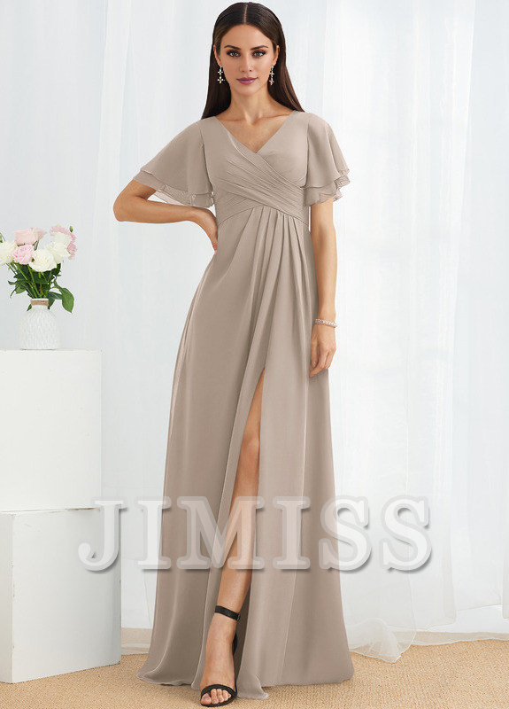 Abito da damigella d'onore in chiffon lungo fino al pavimento, con scollo a V e linea ad A