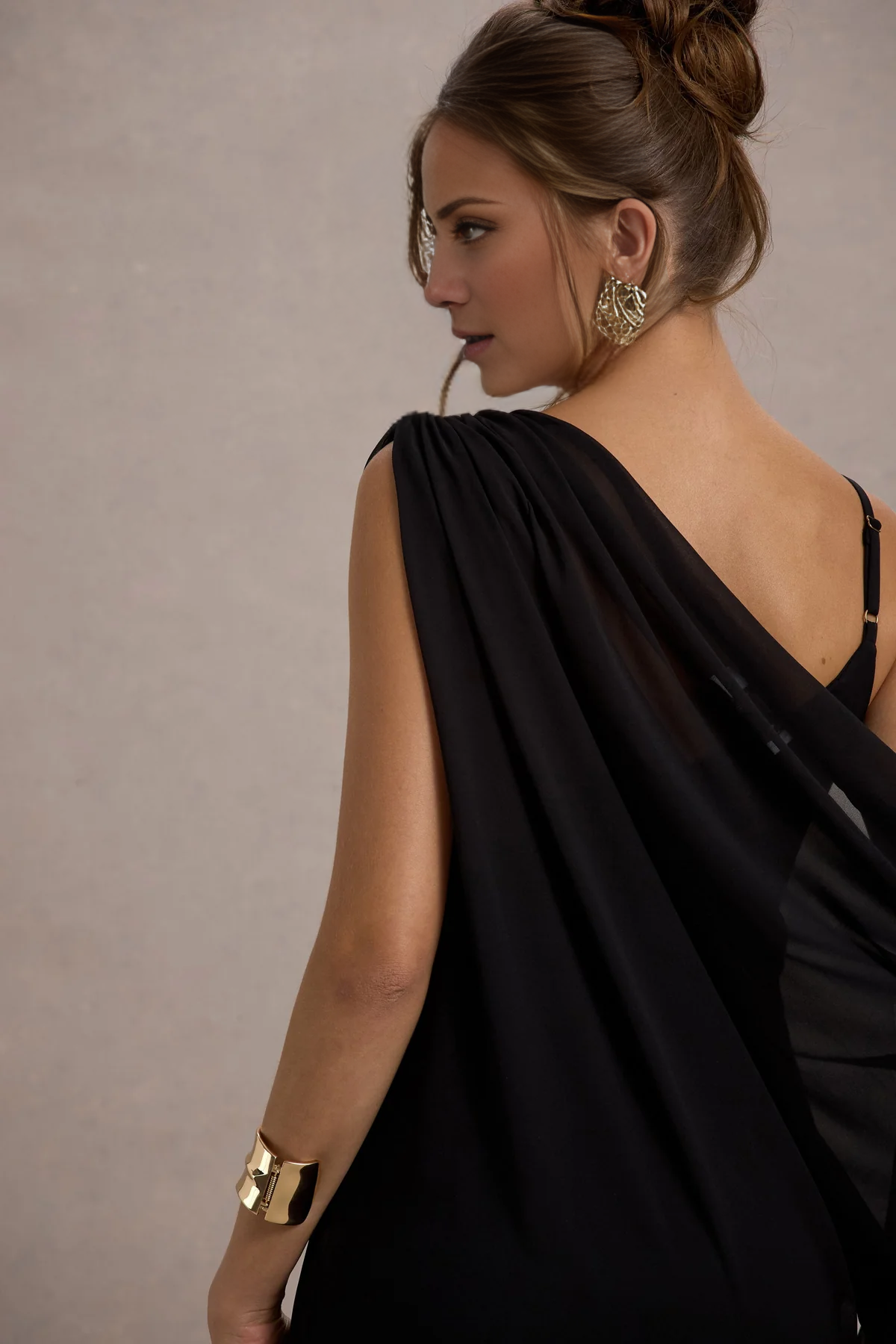 Draped One Shoulder Black Chiffon Floor-Length Dress
