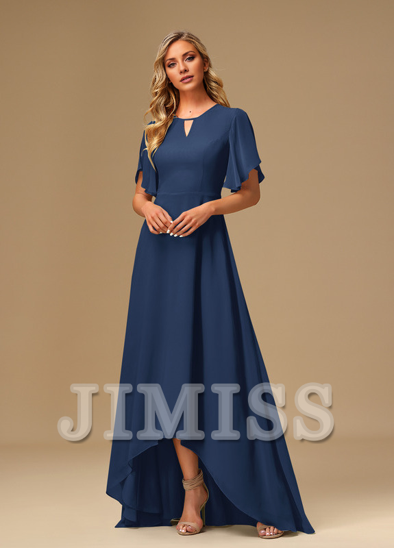 Vestido de dama de honor asimétrico de gasa con escote barco y volantes en forma de A