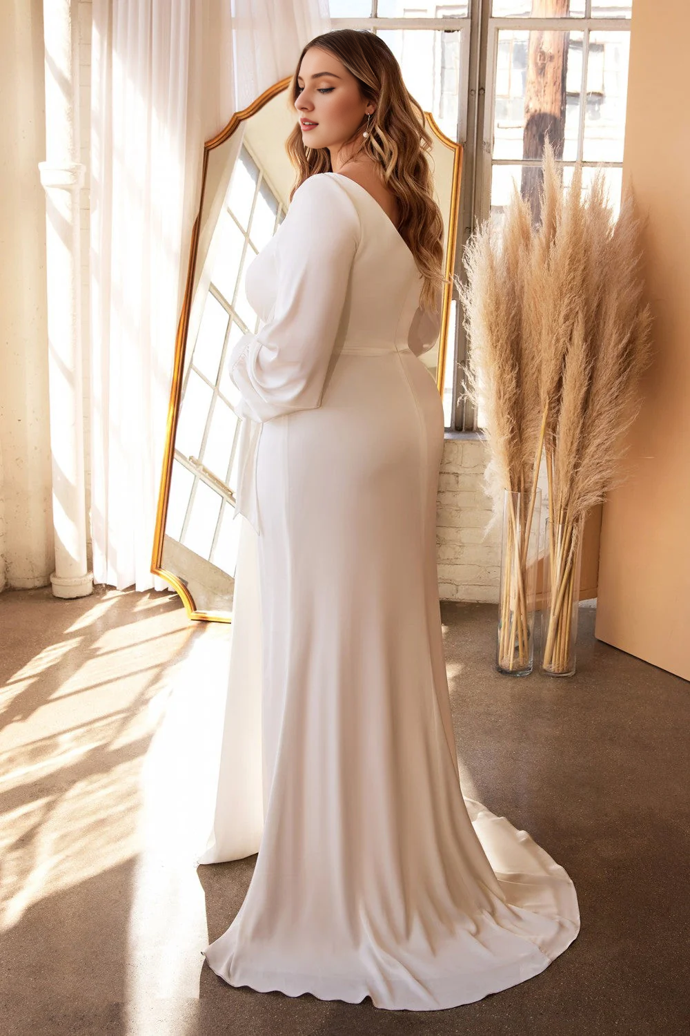 Vestido de novia de satén blanco con mangas largas y cordón ajustable, de talla grande