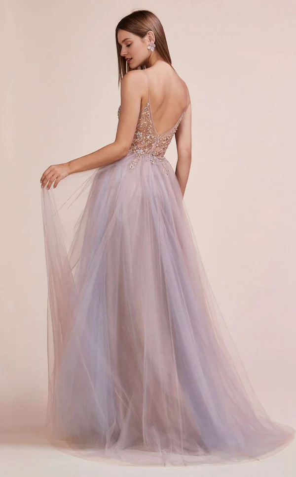 A-line deep V-neck embroidered chiffon thin shoulder strap chiffon prom dress