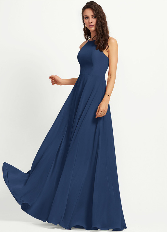 Abito da damigella in chiffon lungo fino al pavimento, con scollo a barchetta e linea ad A