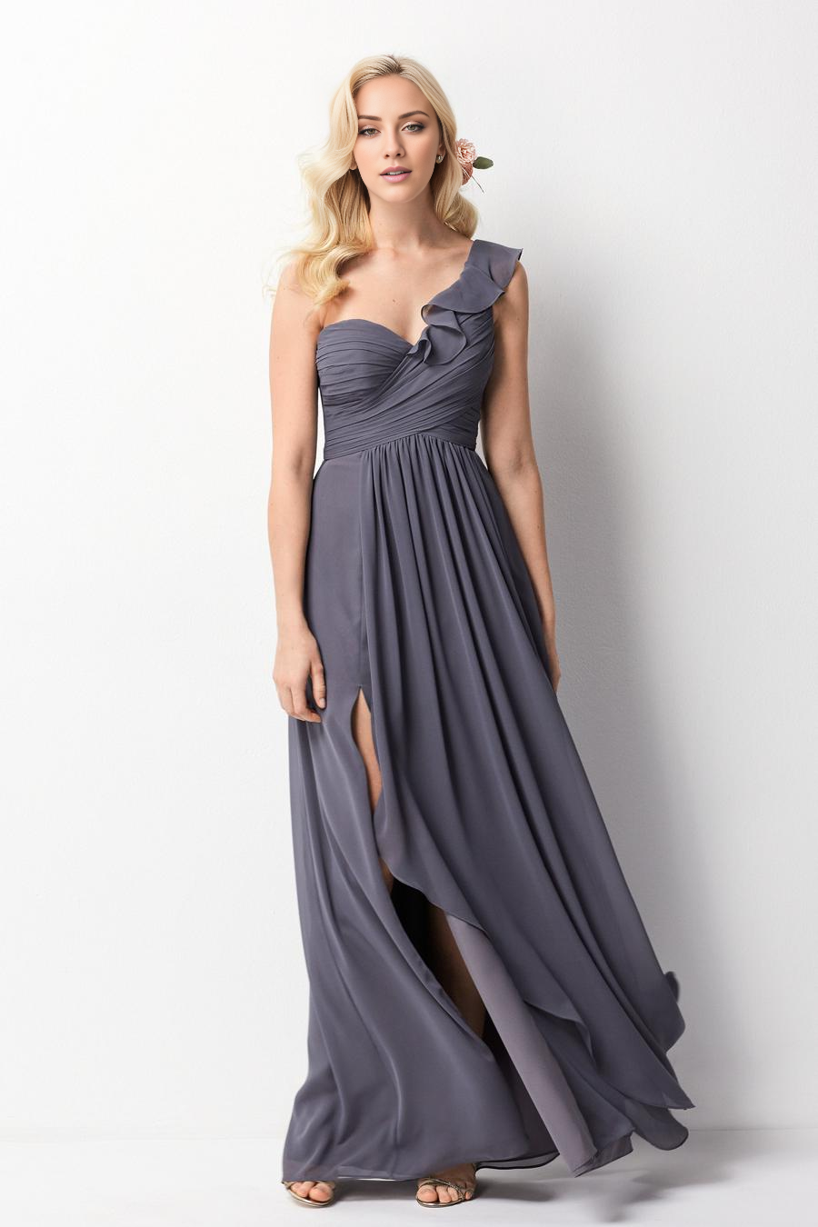 Vestido de noche Jimiss con cuello asimétrico, hombros descubiertos, sin mangas, espalda descubierta, plisado y largo hasta el suelo