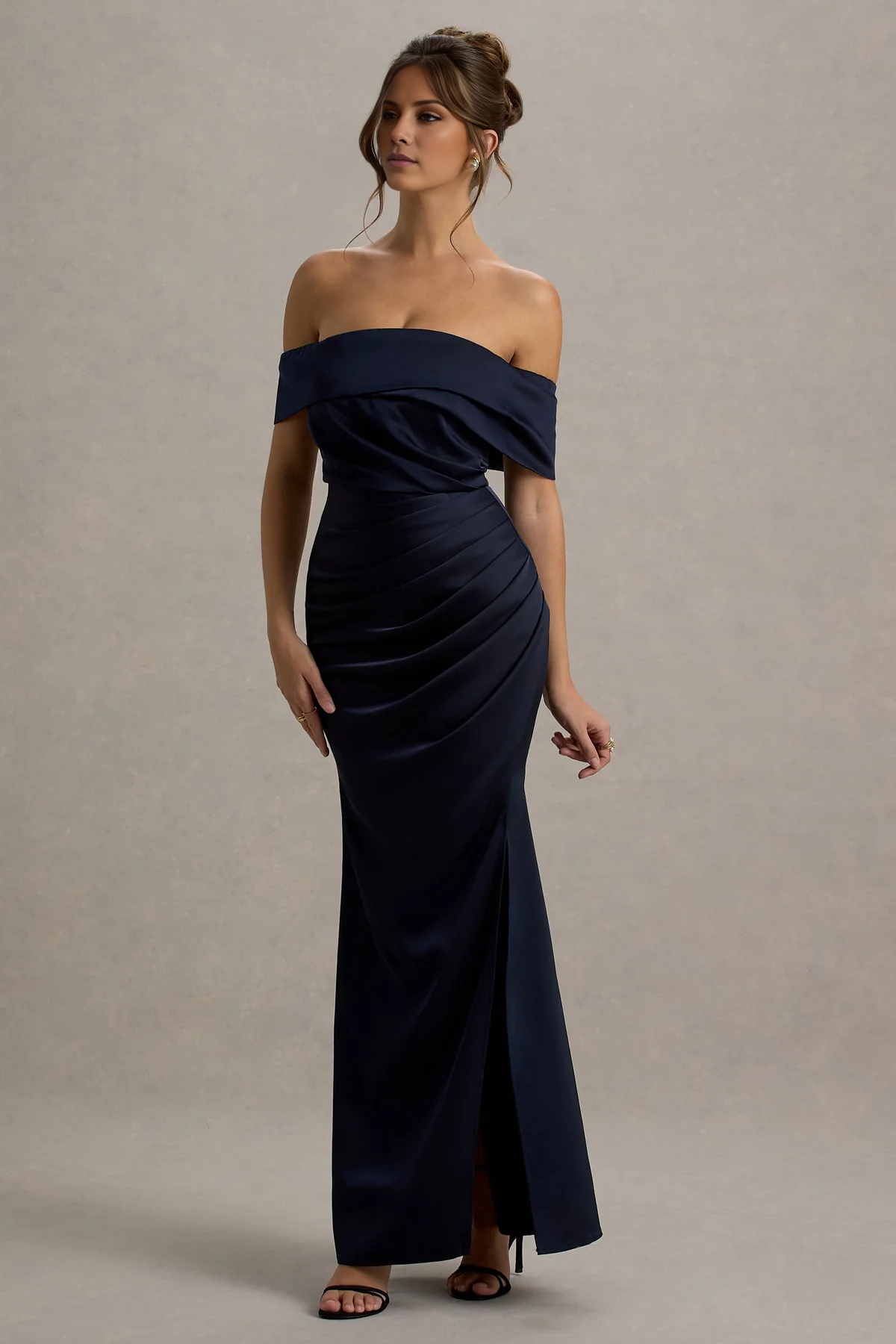 Off shoulder collar satin wrap and floor length evening dress - jimiss dress
