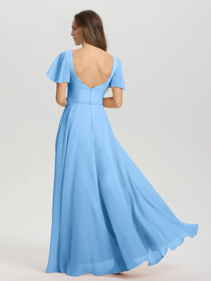 Vestido de dama de honor de gasa con cuello cuadrado, corte A, mangas cortas con volantes y largo hasta el suelo