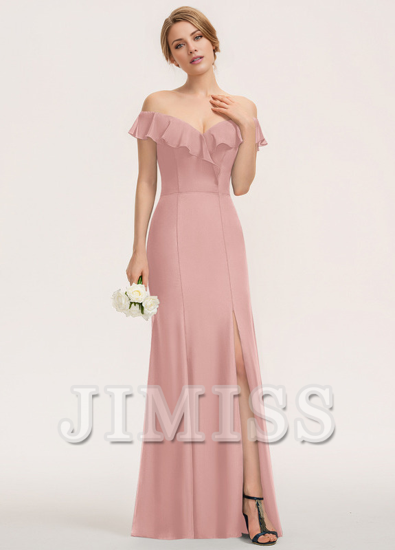 Vestido de dama de honor de gasa hasta el suelo, ajustado, con volantes escalonados y sin tirantes con columnas