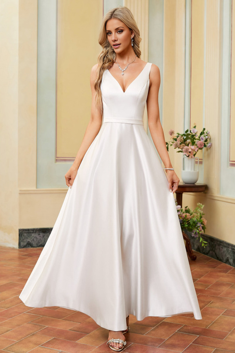 Ivory Satin V-Neck A-Line Floor-Length Bridesmaid Dress