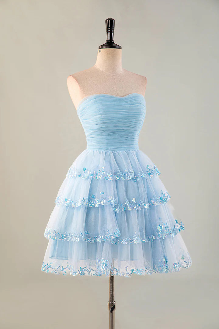 Sky Blue Tulle A-Line Short Dress with Sweetheart Neckline, Ruched Bodice & Tiered Sequin Skirt