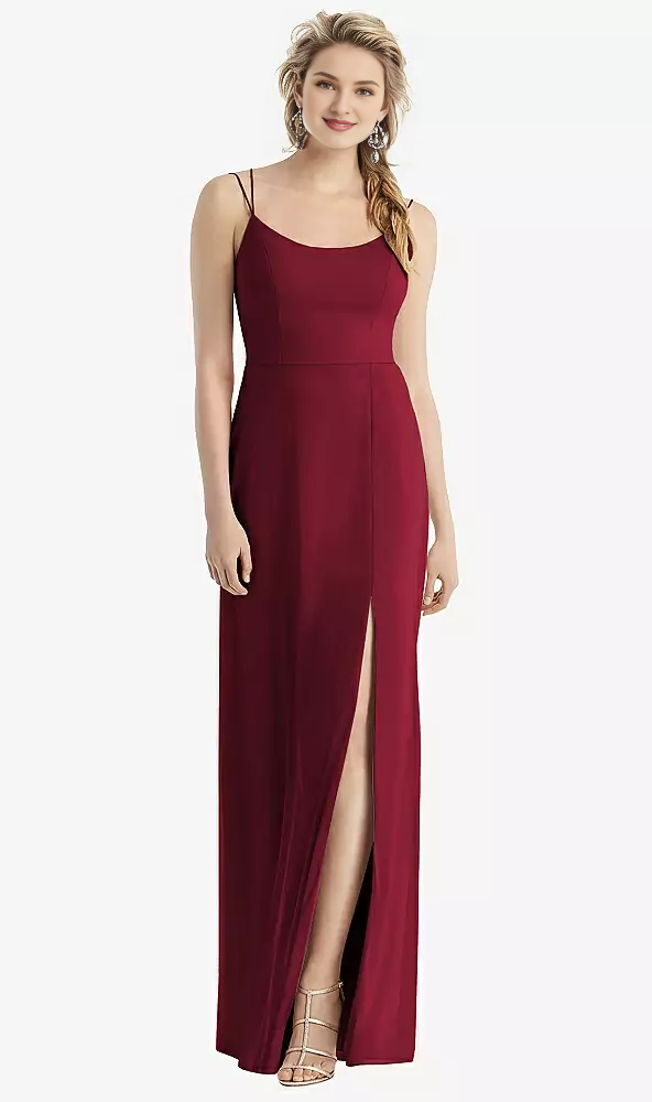 Blushing Pink Chiffon Sheath/Column Floor-Length Bridesmaid Dress with Scoop Neck, High Slit & Backless Design