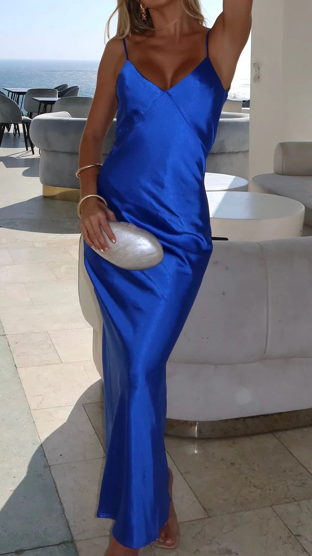 Vestido de fiesta largo de Jimiss con escote en V, tirantes finos y espalda descubierta