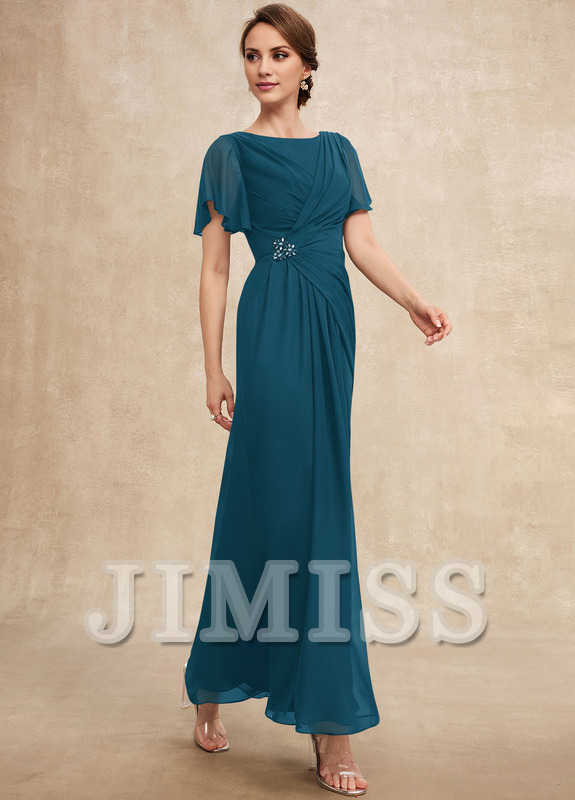 Vestido de gasa para madre de la novia, de corte A, plisado, con cuentas y escote pronunciado hasta los tobillos