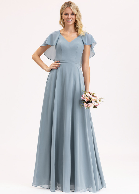 Dusty Blue Chiffon A-Line Floor-Length Bridesmaid Dress with Flutter Sleeves