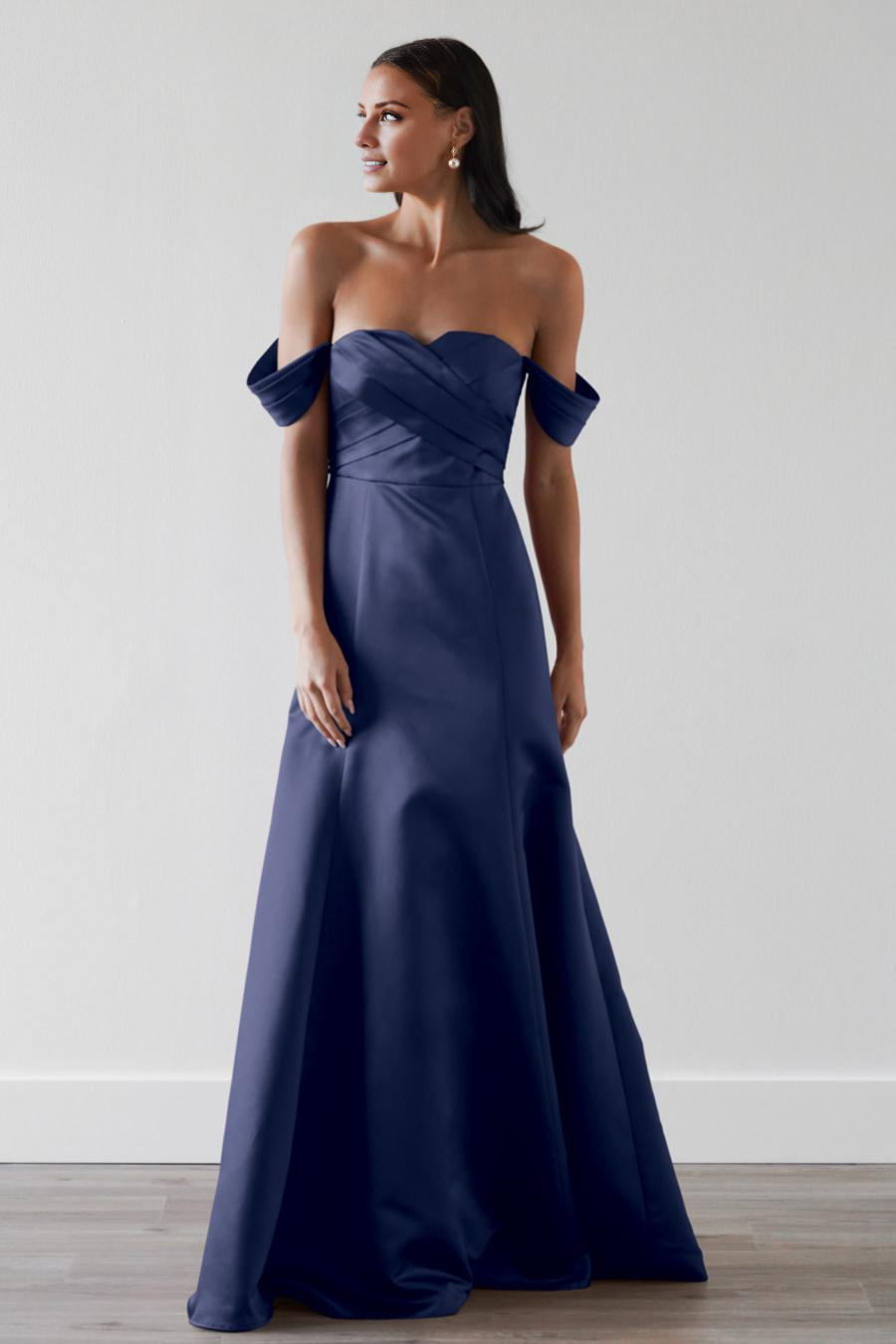 Vestido de noche Jimiss con hombros descubiertos, plisado, sin espalda y largo hasta el suelo