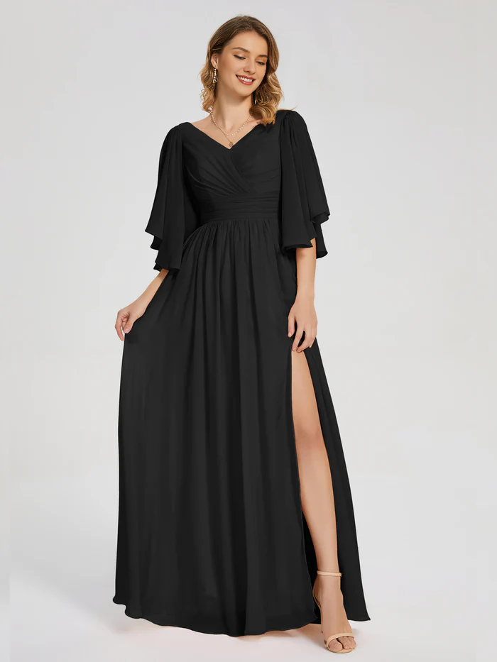 Burgundy Chiffon A-Line Floor-Length Dress with V-Neck, Draped Bodice, Flutter Sleeves, and High Slit