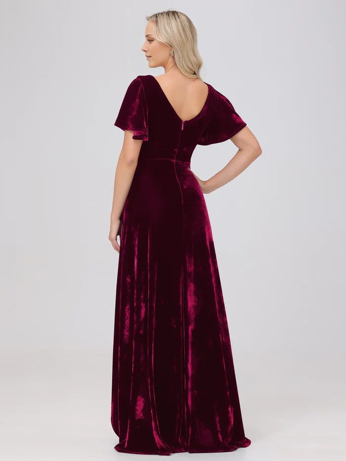 Vestido de dama de honor largo hasta el suelo, de terciopelo, con volantes y manga corta y escote en V