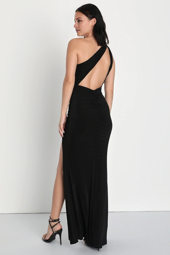 Black One Shoulder Floor-Length Evening Dress with Side Ruching & High Slit