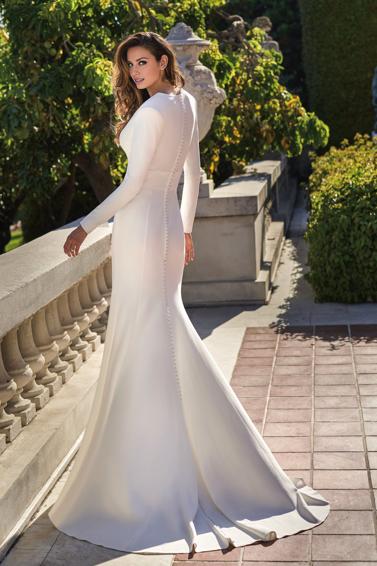 Deep V-neck high waistband long sleeved back button and floor length wedding dress