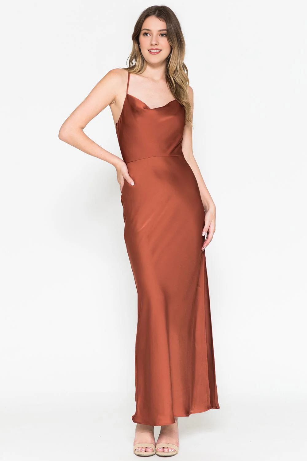 Fitted slit skirt long sleeveless high neck satin dress