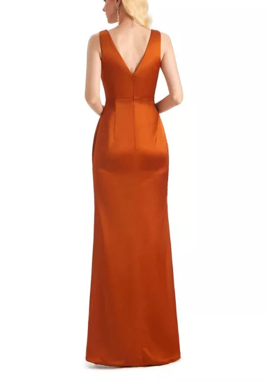 Elegantes vestidos de dama de honor formales, largos hasta el suelo, de satén suave, con escote en V y sin mangas