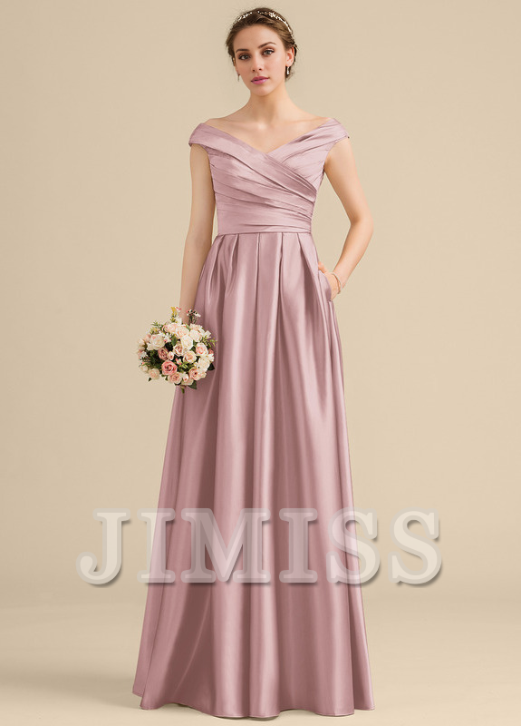 Vestido de dama de honor de satén con volantes, corte A, hombros descubiertos y largo hasta el suelo