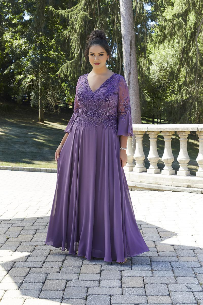 Mulberry Chiffon A-Line Floor-Length Dress with V-Neck & Back Zip