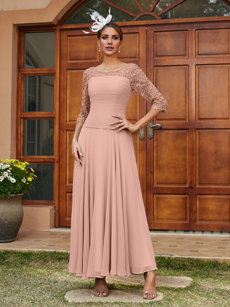 Silver Chiffon A-Line Tea-Length Dress with Boat Neck and Pleated Bodice and Lace Sleeves