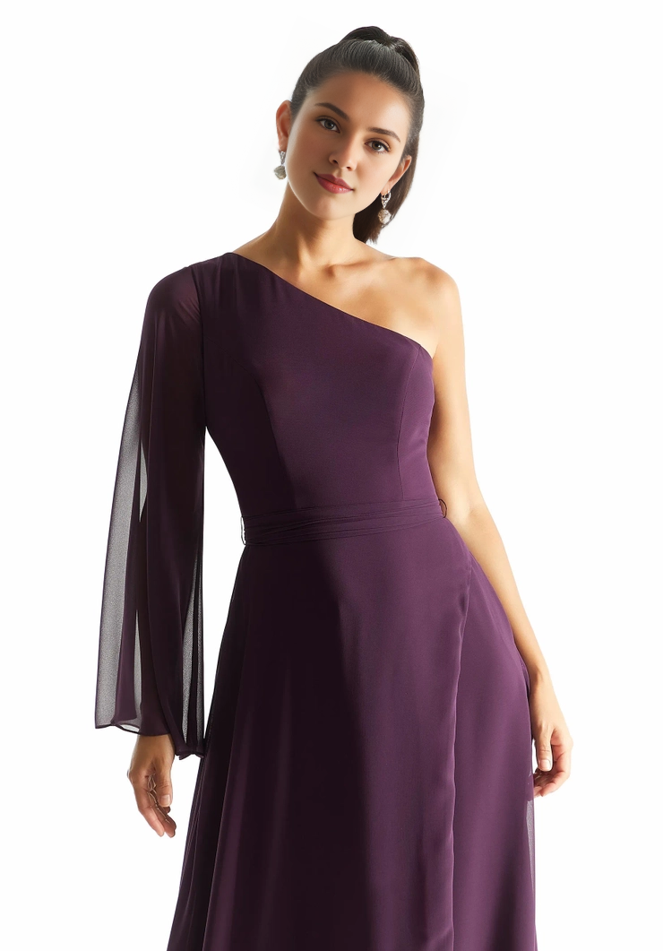 Abito da damigella d'onore bianco neve trasparente con scollatura monospalla, maniche lunghe e linea ad A