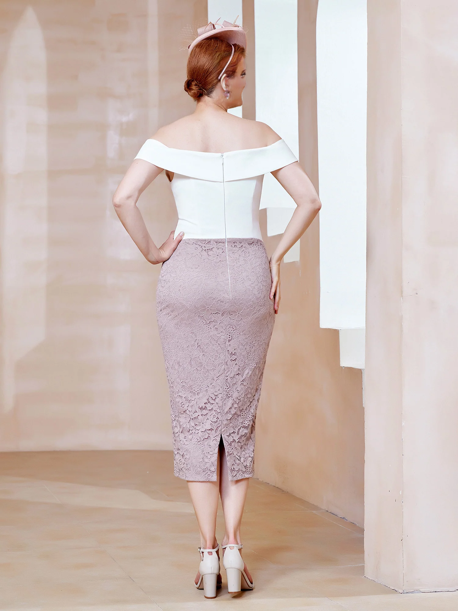 Dusty Rose Off-the-Shoulder Lace Crepe Knee-Length Dress