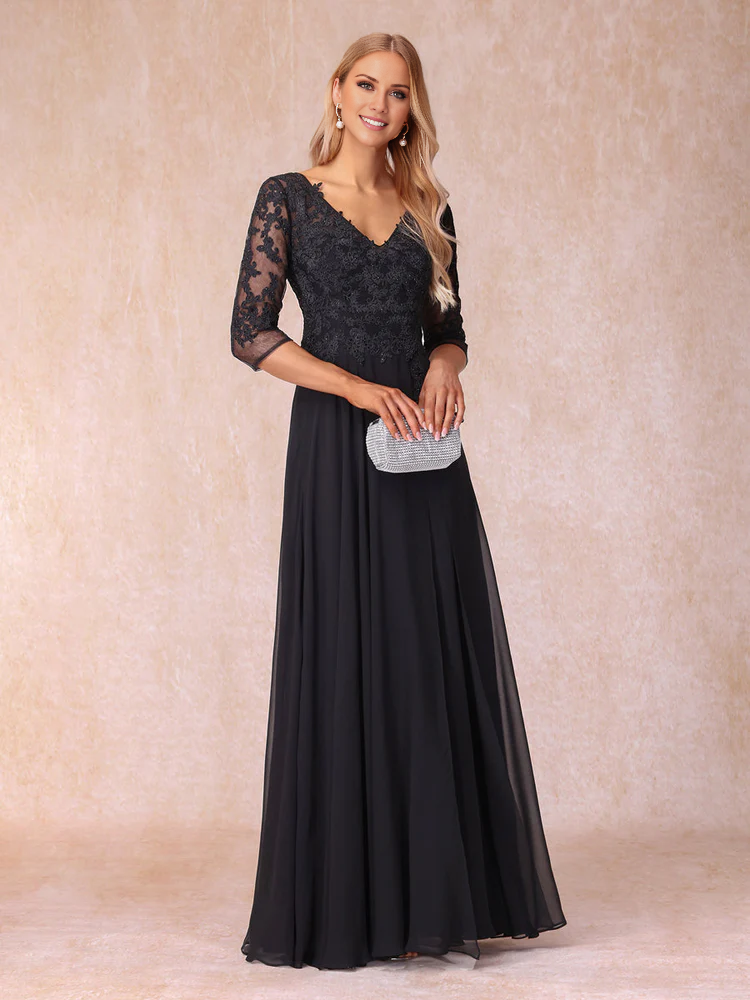 Black V-Neck Chiffon A-Line Floor-Length Evening Dress with Lace Bodice and Sleeves