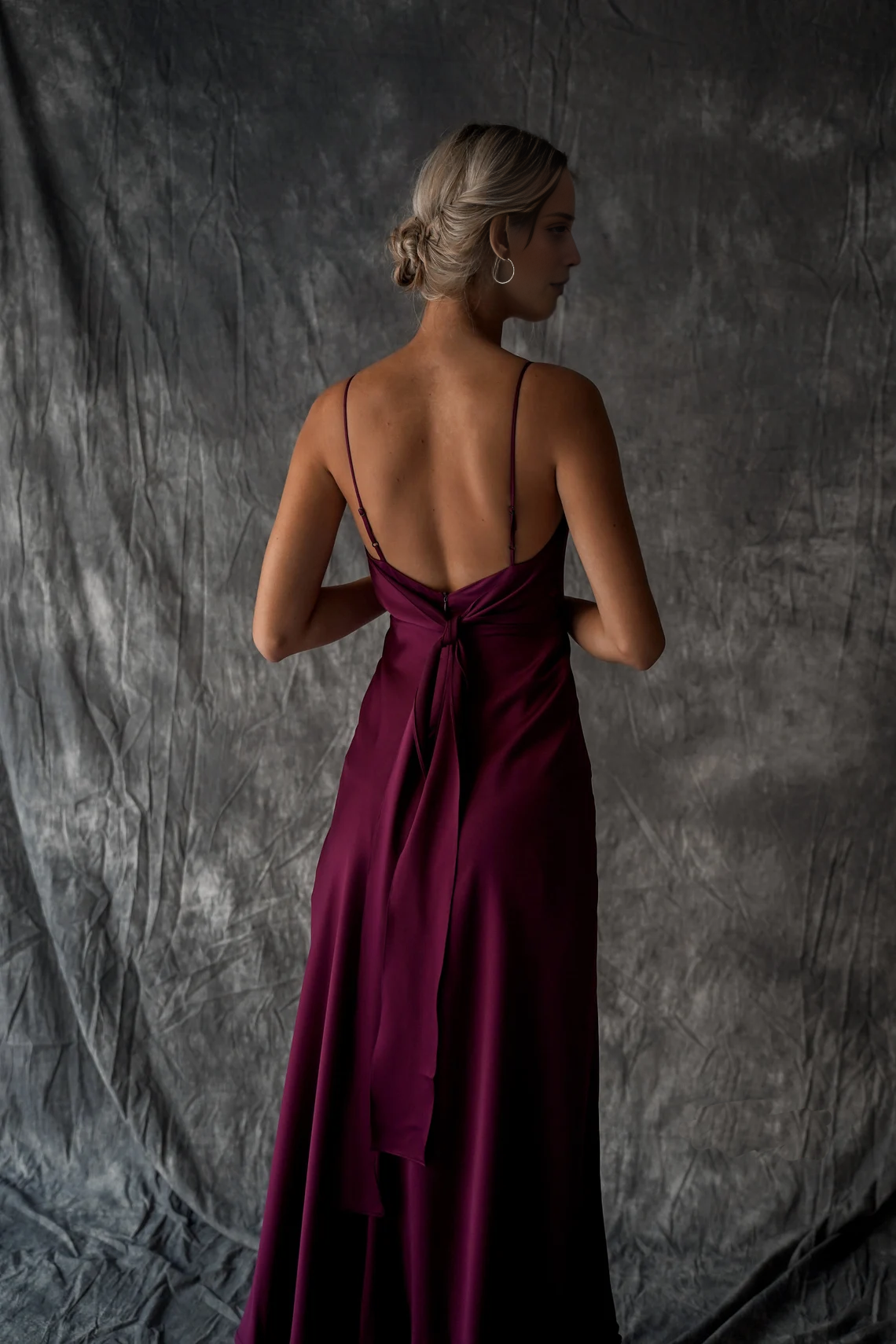 Burgundy Satin Cowl Neck Midi Sheath/column Dress