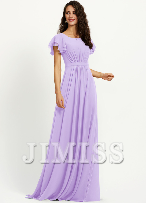 Vestido de dama de honor de gasa con escote redondo y volantes en forma de A