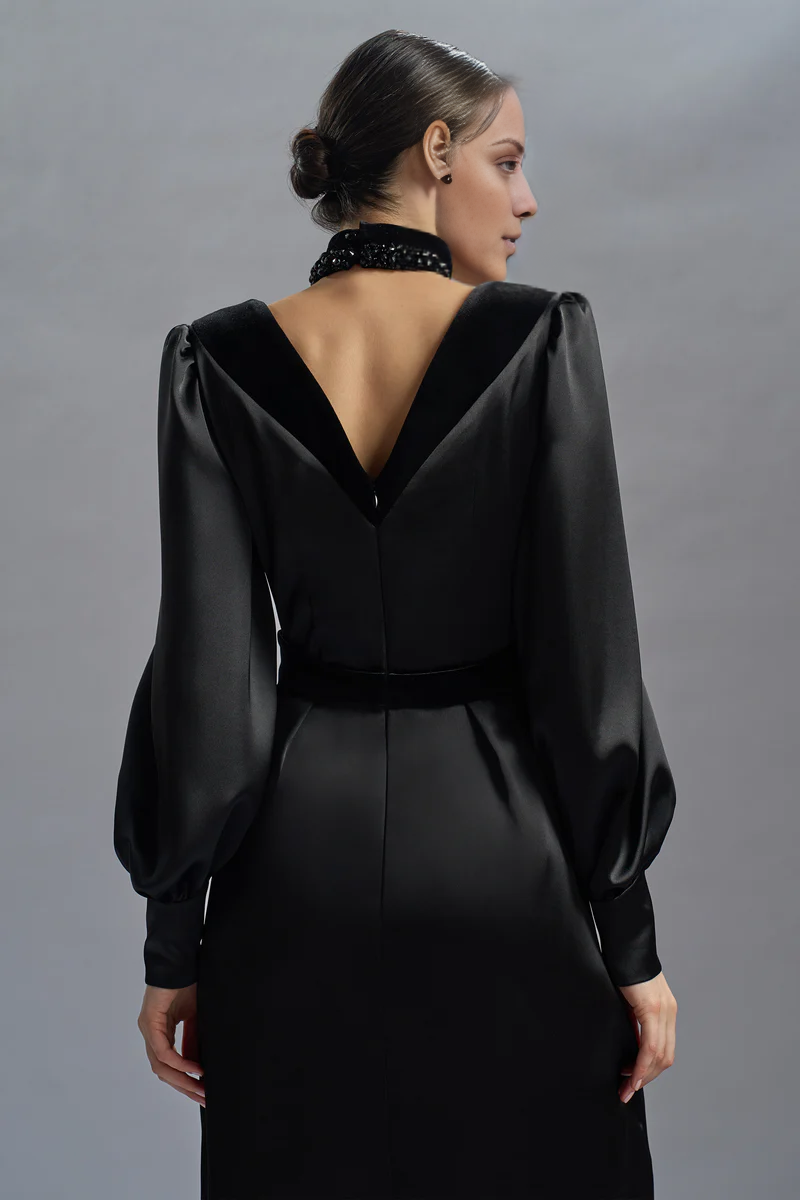 Black Satin Puff Sleeve Draped A-Line Floor-Length Evening Dress