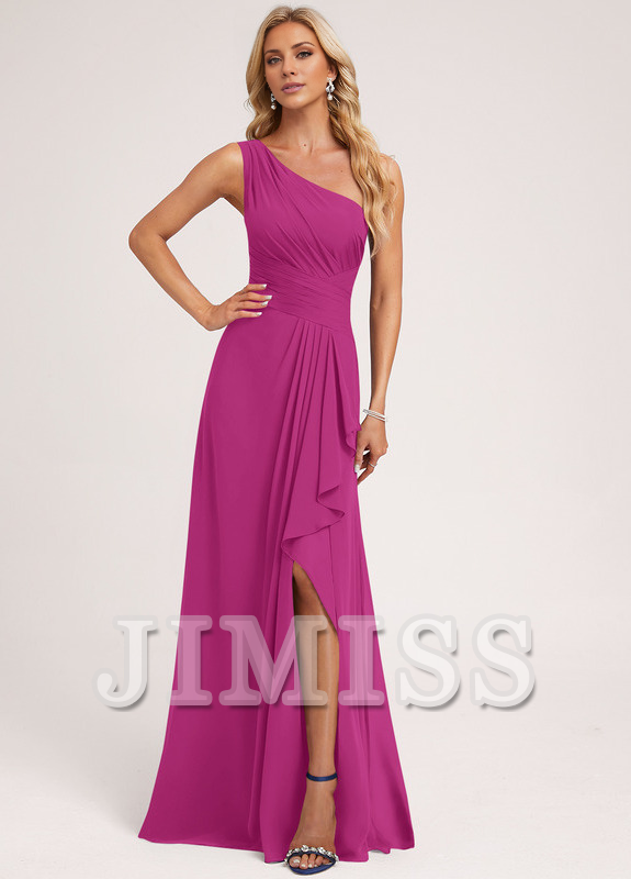 Vestido de dama de honor de gasa con volantes, corte A, un hombro al aire y largo hasta el suelo