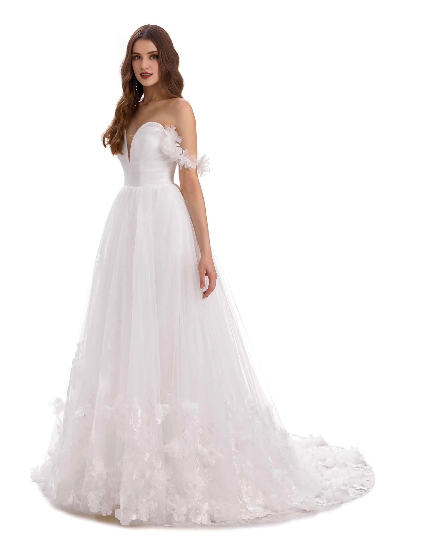 Precioso vestido de novia extra largo de encaje floral con escote en V y hombros descubiertos en forma de A