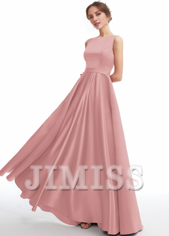 Abito da damigella d'onore in raso a trapezio con scollo a barchetta e lunghezza al pavimento