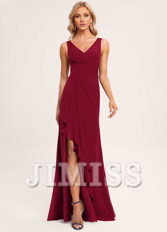 Vestido de dama de honor de gasa con volantes, escote en V y largo hasta el suelo