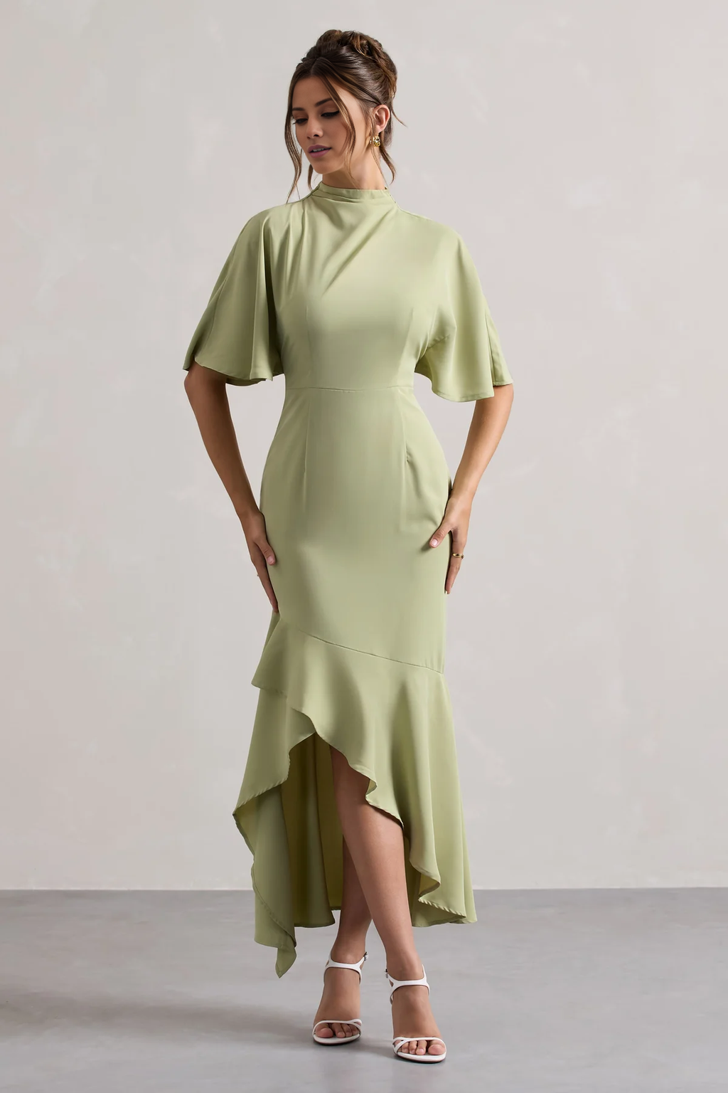 Sage Green Crepe Sheath/column High Neck High-Low Dress with Flutter Sleeves