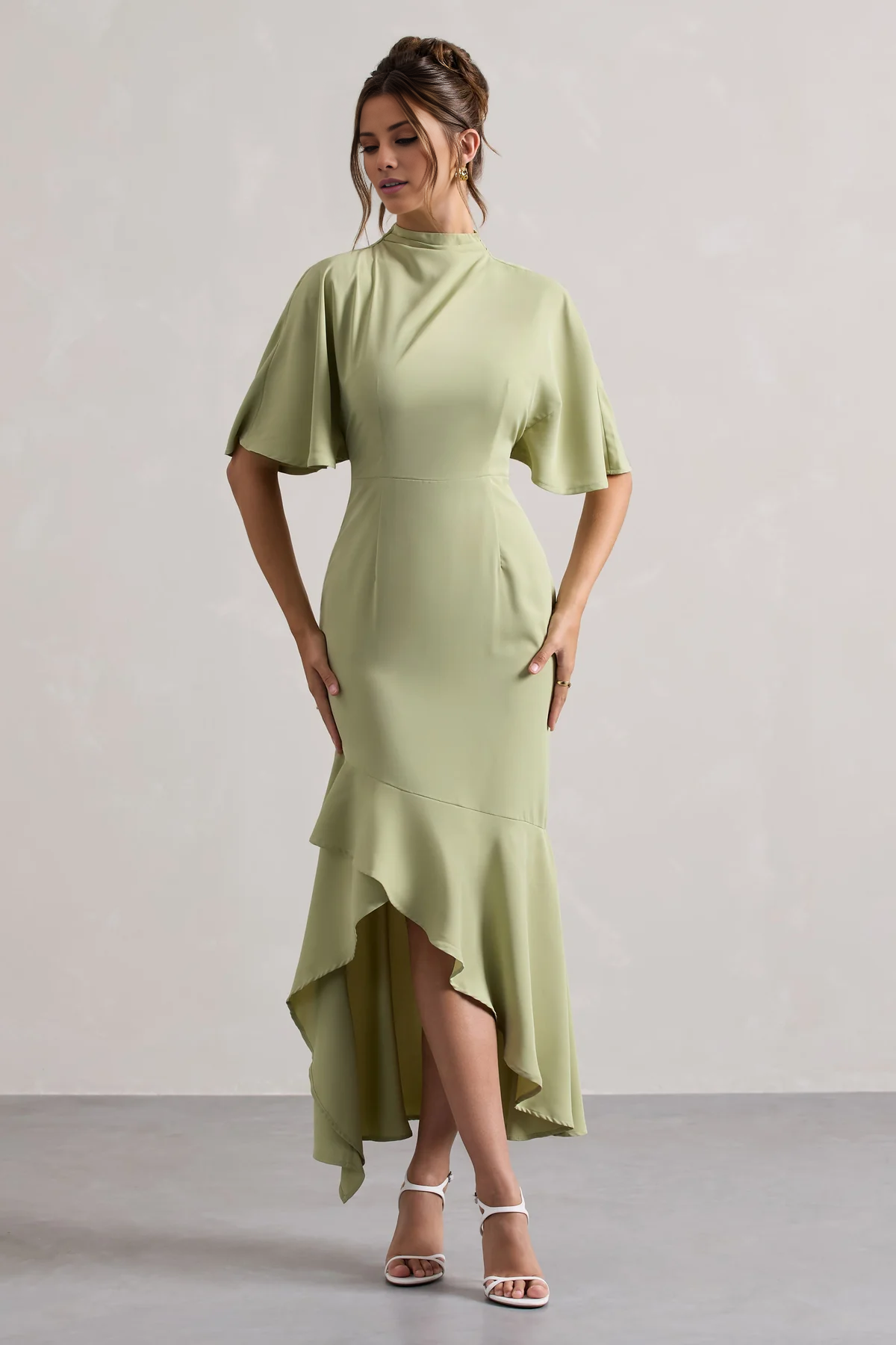 Sage Green Crepe Sheath/column High Neck High-Low Dress with Flutter Sleeves