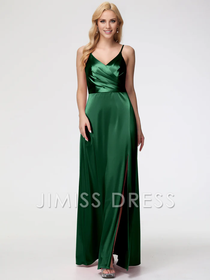 Vestido de fiesta Jimiss de satén plisado con escote en V y tirantes finos