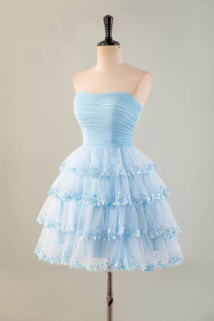 Sky Blue Tulle A-Line Short Dress with Sweetheart Neckline, Ruched Bodice & Tiered Sequin Skirt