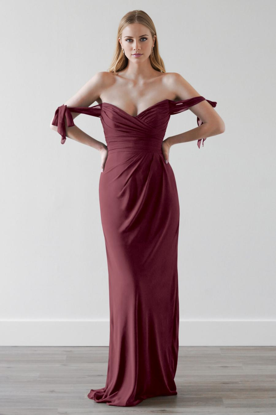 Dark Navy Off-the-Shoulder Chiffon Floor-Length Bridesmaid Dress