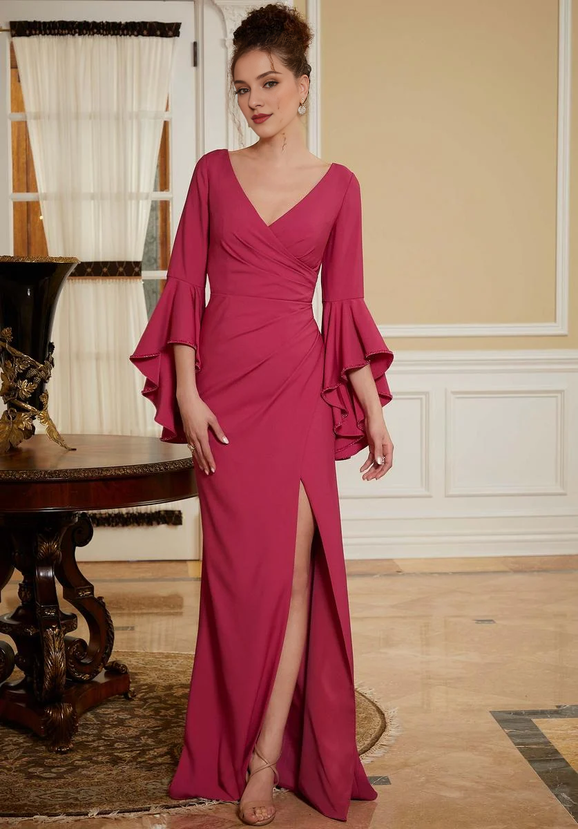Dark Navy Crepe V-Neck Sheath Floor-Length Dress with Draped Bodice & Bell Sleeves