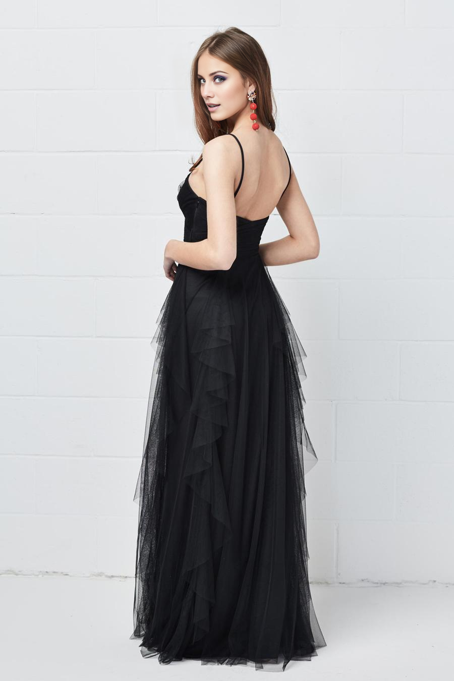 Black Tulle A-Line Floor-Length Evening Dress with Sweetheart Neckline & Ruched Bodice
