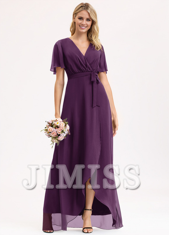 A-line V-neck asymmetric bow pleated chiffon bridesmaid dress